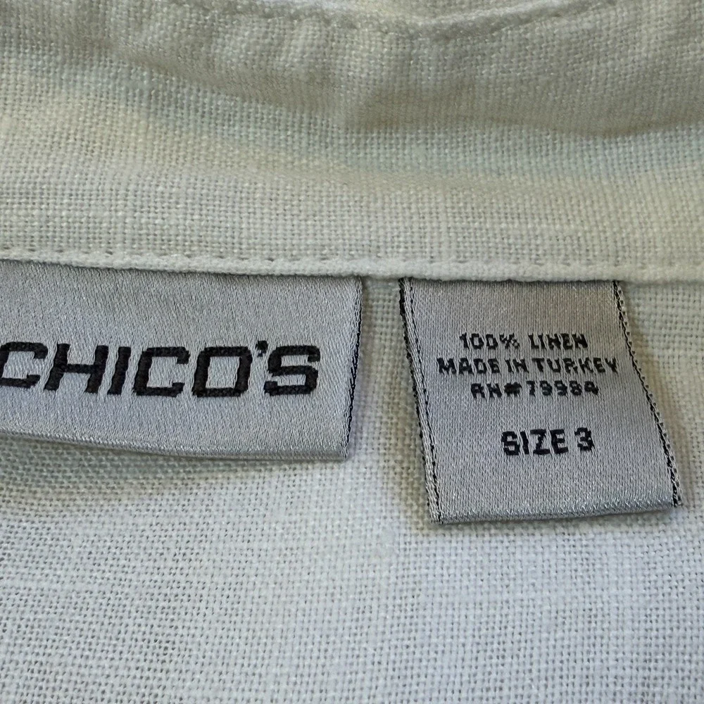 Chico's Button Front Top Womens Sz 3 USXL White 100% Linen Short Sleeve Collared